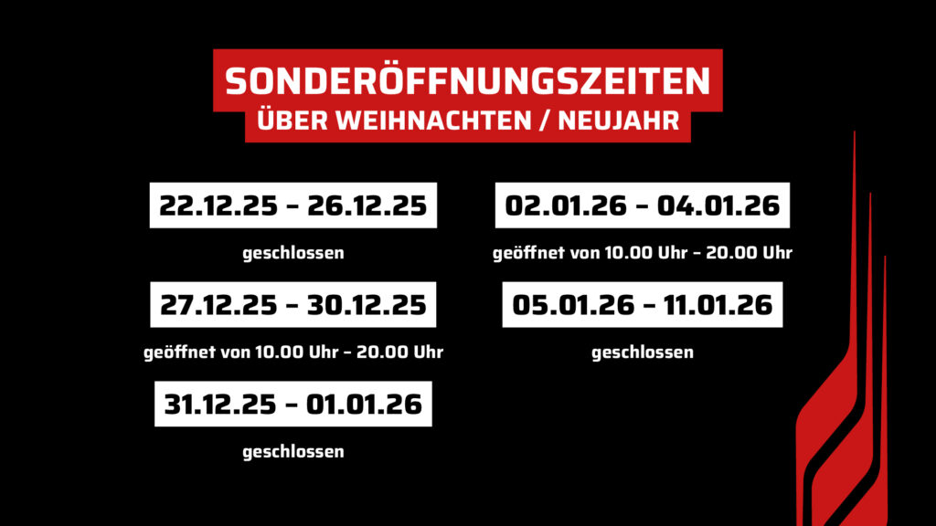 Eine grafische Darstellung der Sonderöffnungszeiten der Kartbahn arena E für die Feiertage. Die Zeiten reichen von 22.12.25 bis 11.01.26, wobei an den Weihnachtstagen, Silvester und Neujahr geschlossen ist und an Zwischentagen von 10:00 Uhr bis 20:00 Uhr geöffnet ist.