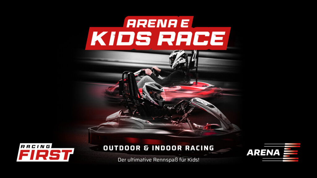 Kartfahrer bei rot-schwarzem Hintergrund. Arena E Kids Race: Outdoor und Indoor Racing.